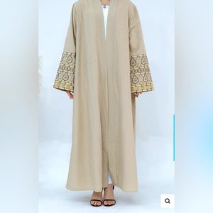 NAZIA Flower Pattern Embroidery Linen Modest Open Abaya 753 - Cornsilk